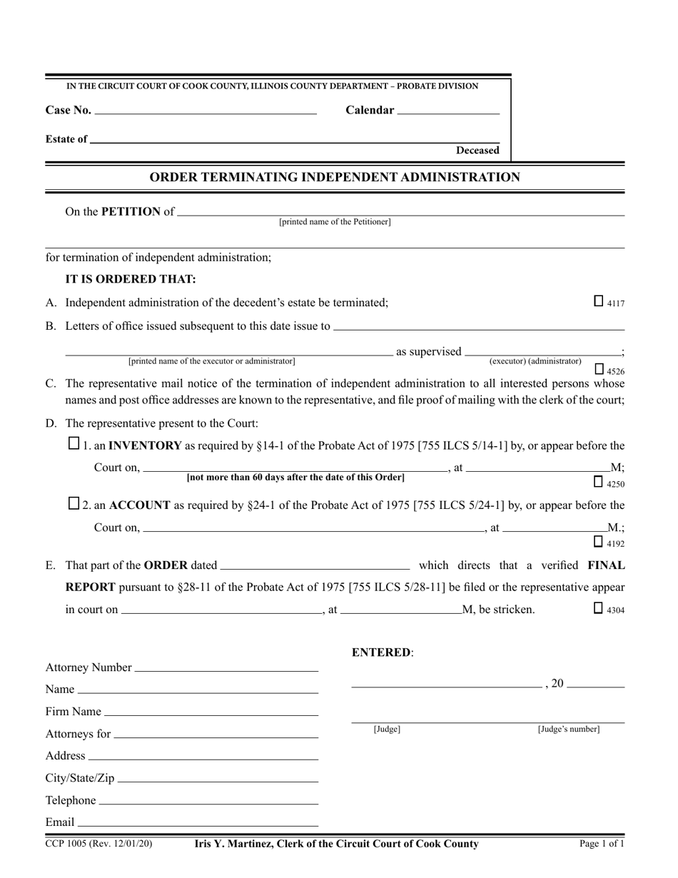 Form CCP1005 Order Terminating Independent Administration - Cook County, Illinois, Page 1
