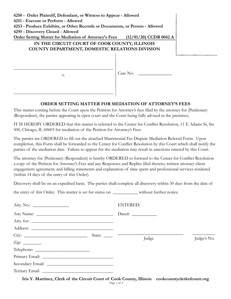 Form CCDR0042 Order Setting Matter for Mediation of Attorneys Fees - Cook County, Illinois, Page 1