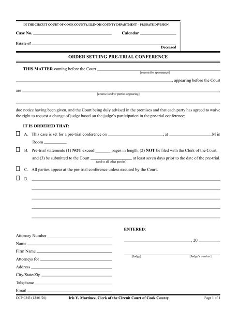 Form CCP0343 Order Setting Pre-trial Conference - Cook County, Illinois