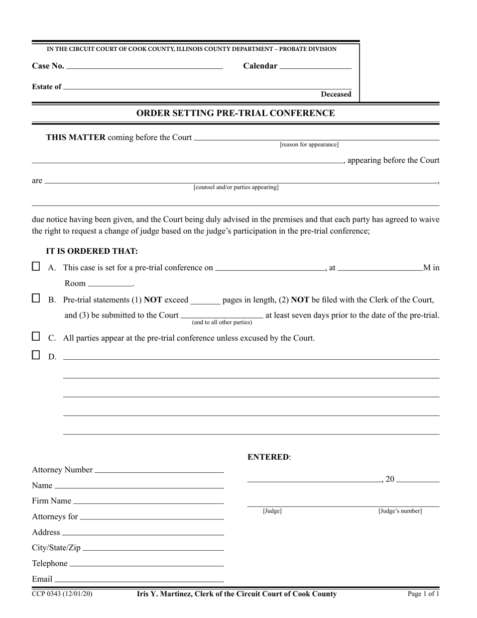 Form CCP0343 Order Setting Pre-trial Conference - Cook County, Illinois, Page 1