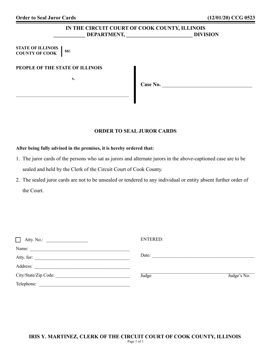 Form CCG0523 Order to Seal Juror Cards - Cook County, Illinois, Page 1