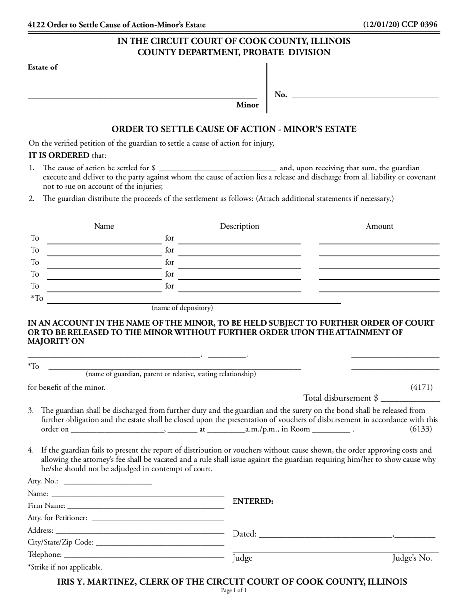 Form CCP0396 Order to Settle Cause of Action - Minors Estate - Cook County, Illinois, Page 1