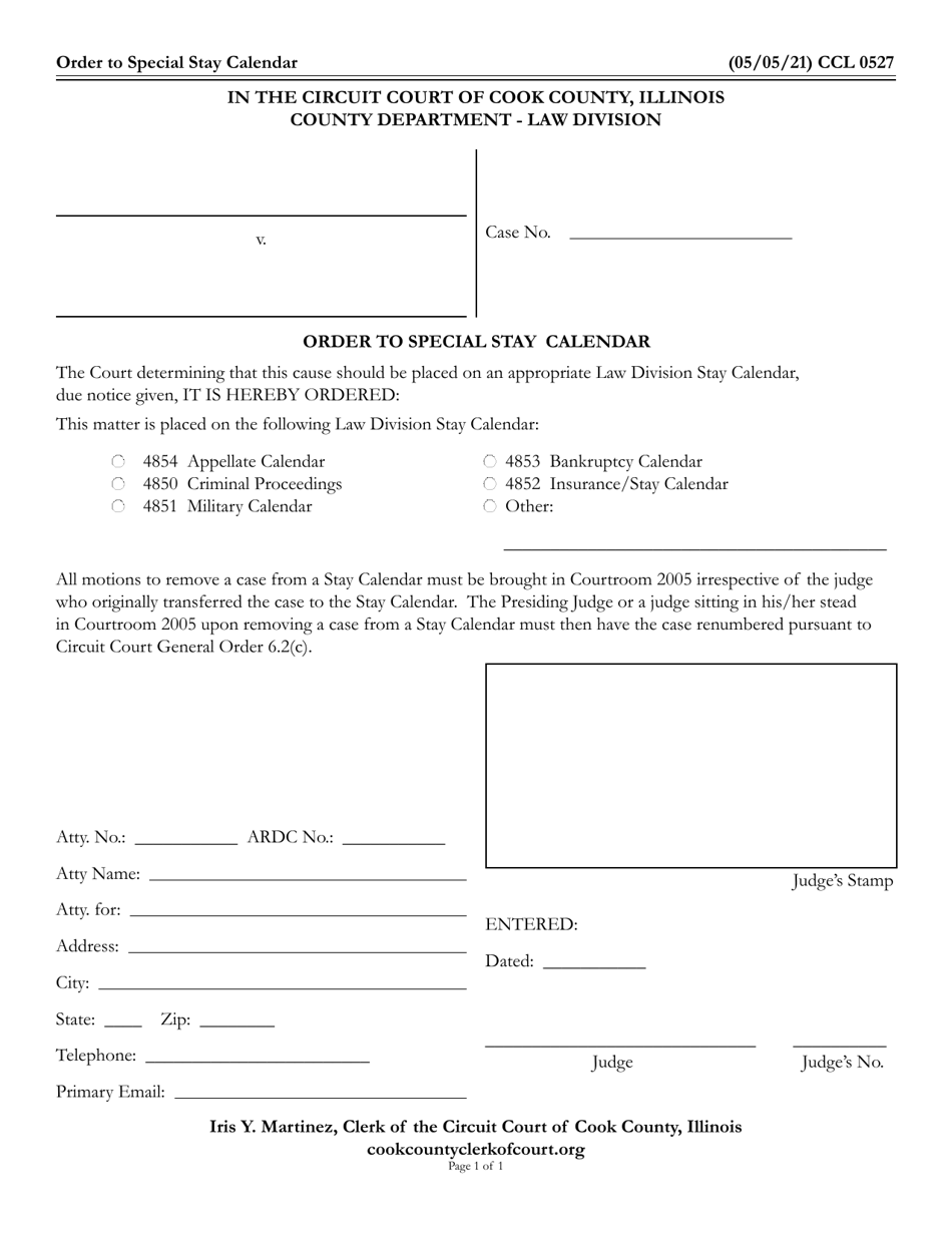 Form CCL0527 Order to Special Stay Calendar - Cook County, Illinois, Page 1
