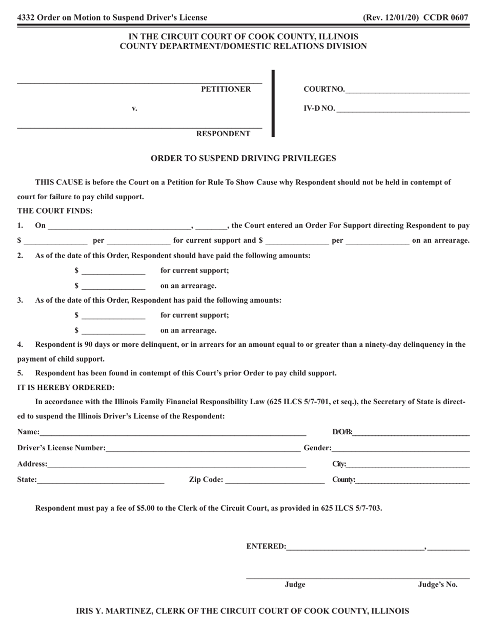 Form CCDR0607 Order to Suspend Driving Privileges - Cook County, Illinois, Page 1