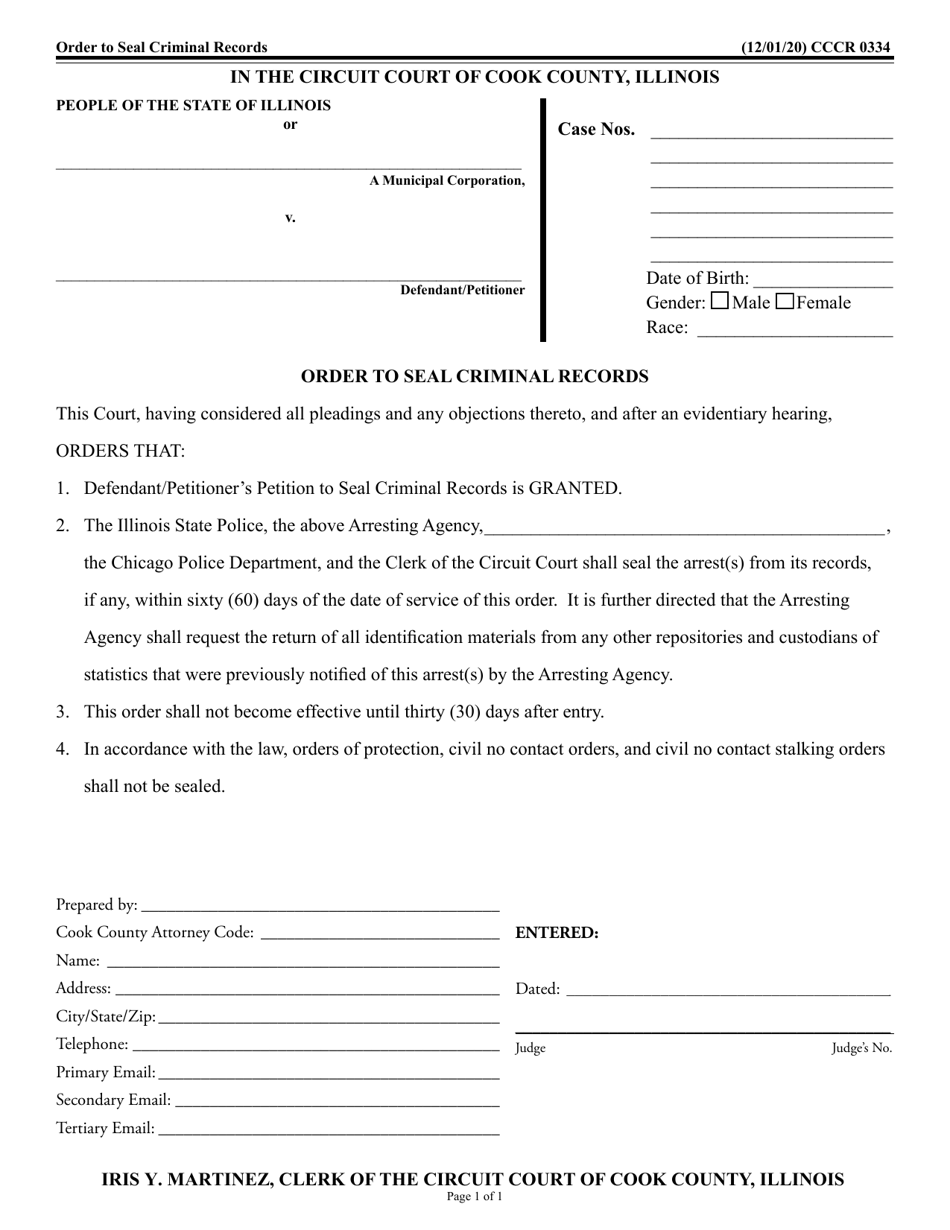 Form CCCR0334 Order to Seal Criminal Records - Cook County, Illinois, Page 1