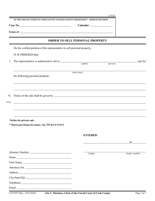 Form CCP0357 Order to Sell Personal Property - Cook County, Illinois