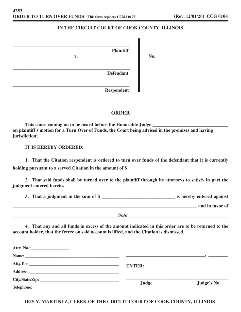 Form CCG0104 Order to Turn Over Funds - Cook County, Illinois, Page 1