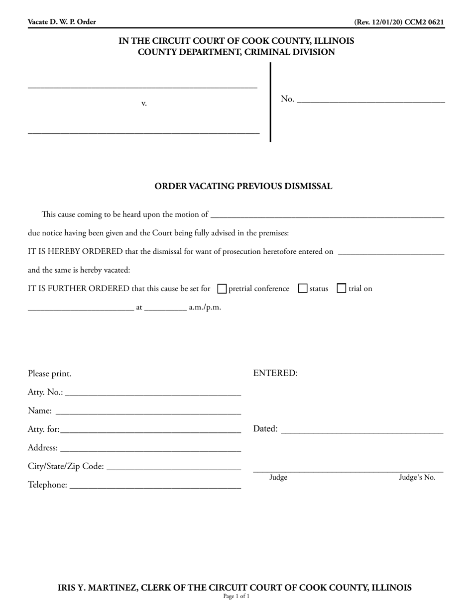 Form CCM2 0621 Order Vacating Previous Dismissal - Cook County, Illinois, Page 1