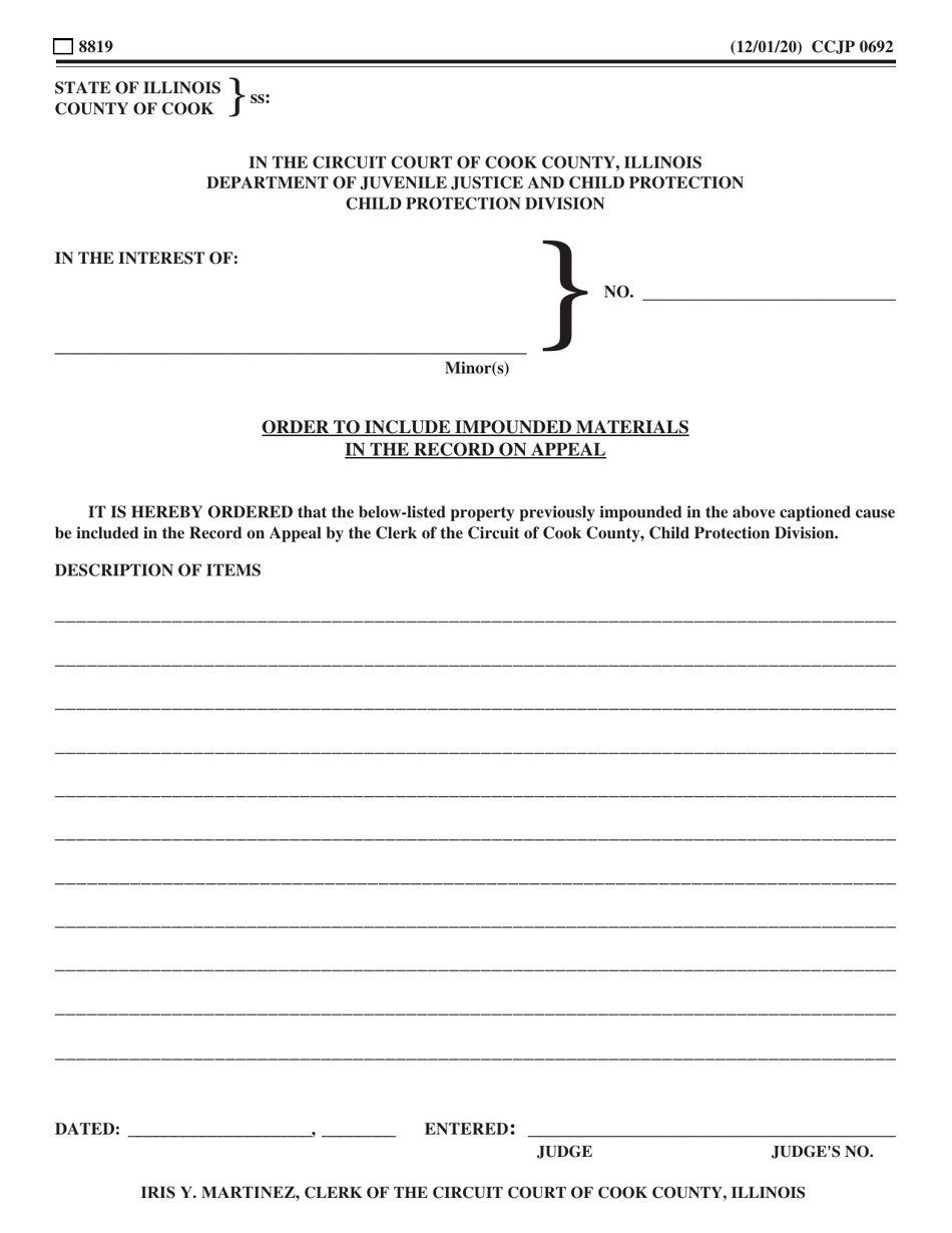 Form CCJP0692 Order to Include Impounded Materials in the Record on Appeal - Cook County, Illinois, Page 1