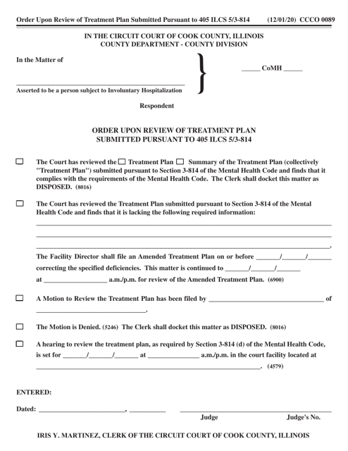 Form CCCO0089 Order Upon Review of Treatment Plan Submitted Pursuant to 405 Ilcs 5/3-814 - Cook County, Illinois