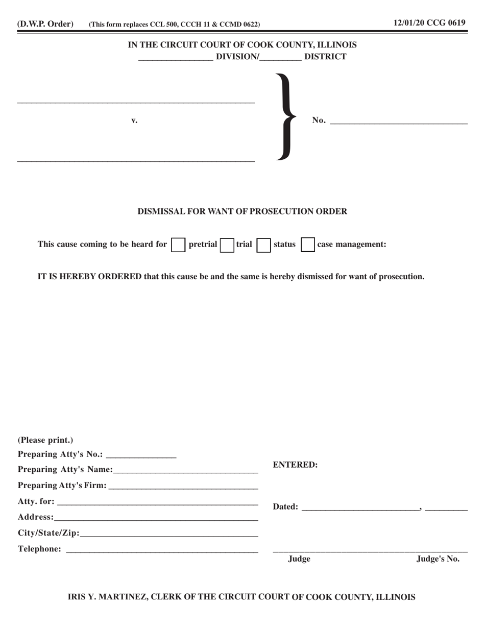 Form CCG0619 Dismissal for Want of Prosecution Order - Cook County, Illinois, Page 1