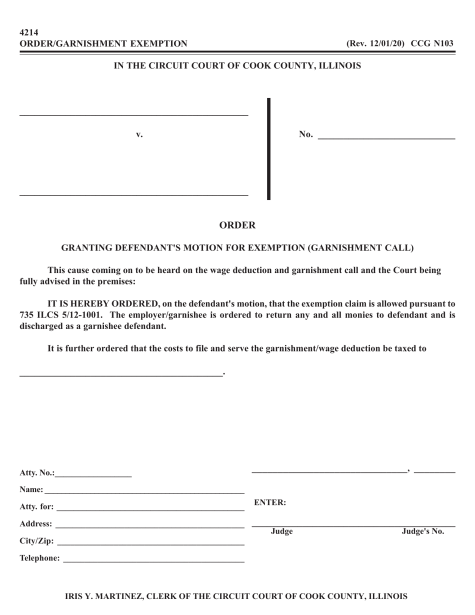 Form CCG N103 Order Granting Defendants Motion for Exemption (Garnishment Call) - Cook County, Illinois, Page 1