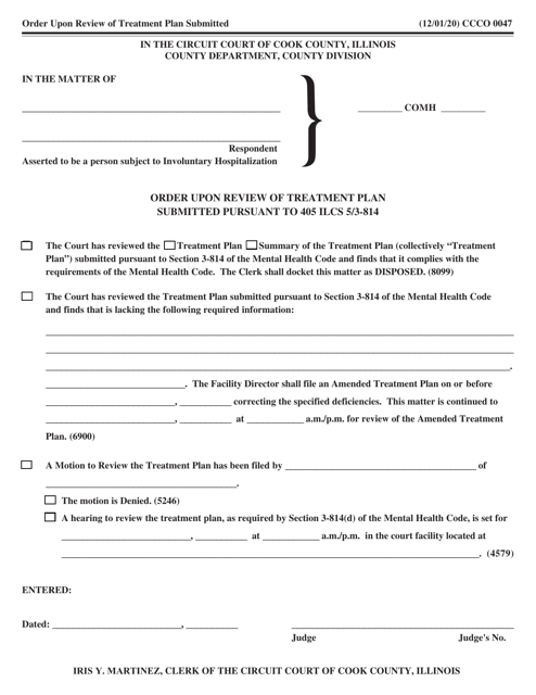 Form CCCO0047 Order Upon Review of Treatment Plan Submitted Pursuant to 405 Ilcs 5/3-814 - Cook County, Illinois