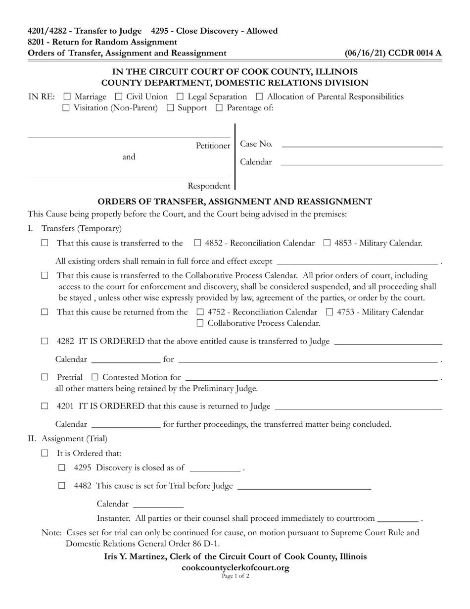 Form CCDR0014 Orders of Transfer, Assignment and Reassignment - Cook County, Illinois, Page 1
