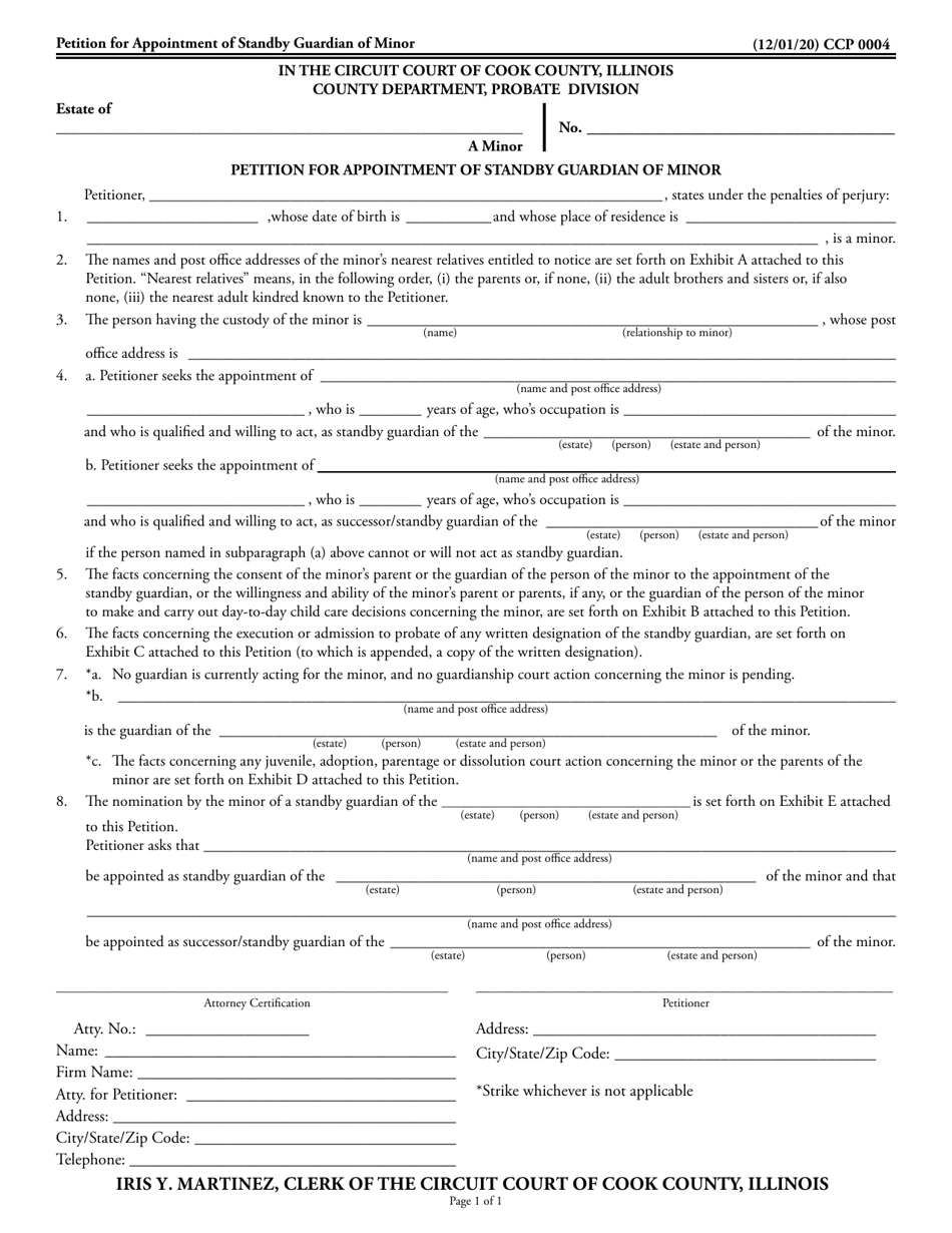 Form CCP0004 Petition for Appointment of Standby Guardian of Minor - Cook County, Illinois, Page 1