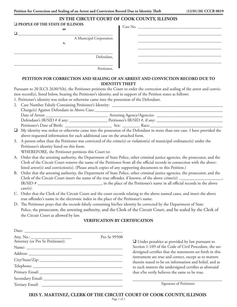 Form CCCR0019 Petition for Correction and Sealing of an Arrest and Conviction Record Due to Identity Theft - Cook County, Illinois, Page 1