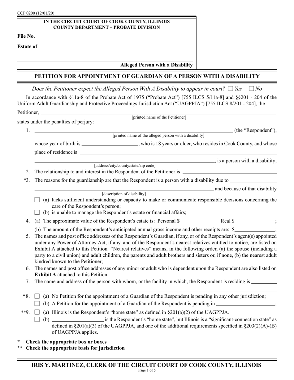 Form CCP0200 Petition for Appointment of Guardian of a Person With a Disability - Cook County, Illinois, Page 1
