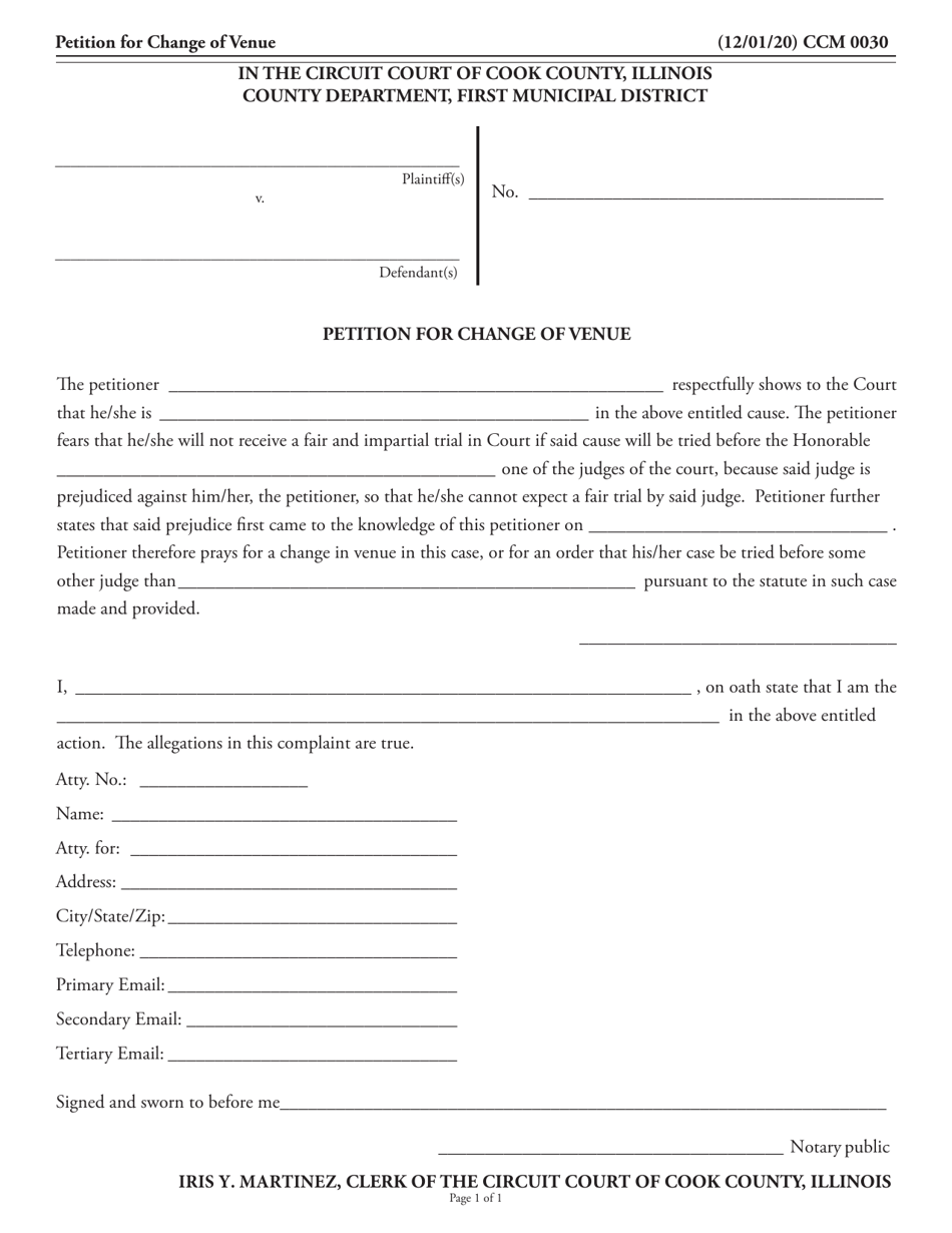Form CCM0030 Petition for Change of Venue - Cook County, Illinois, Page 1