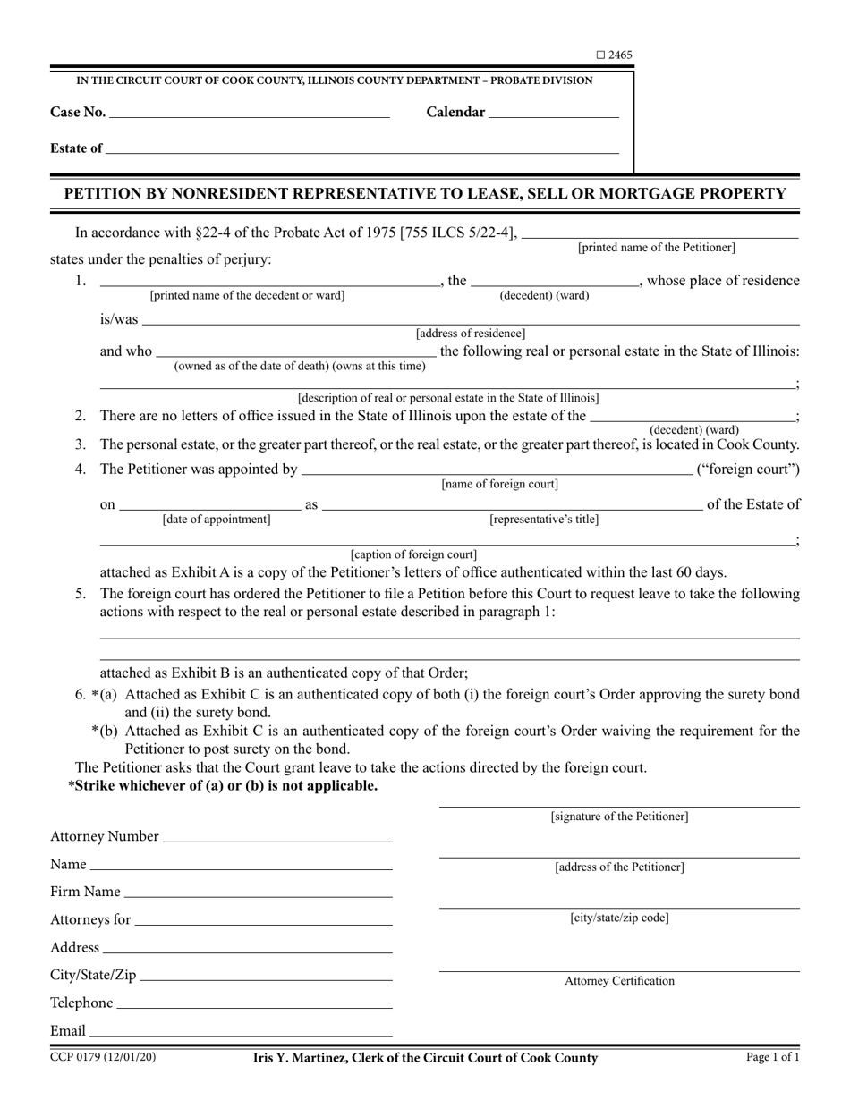 Form CCP0179 Petition by Nonresident Representative to Lease, Sell or Mortgage Property - Cook County, Illinois, Page 1