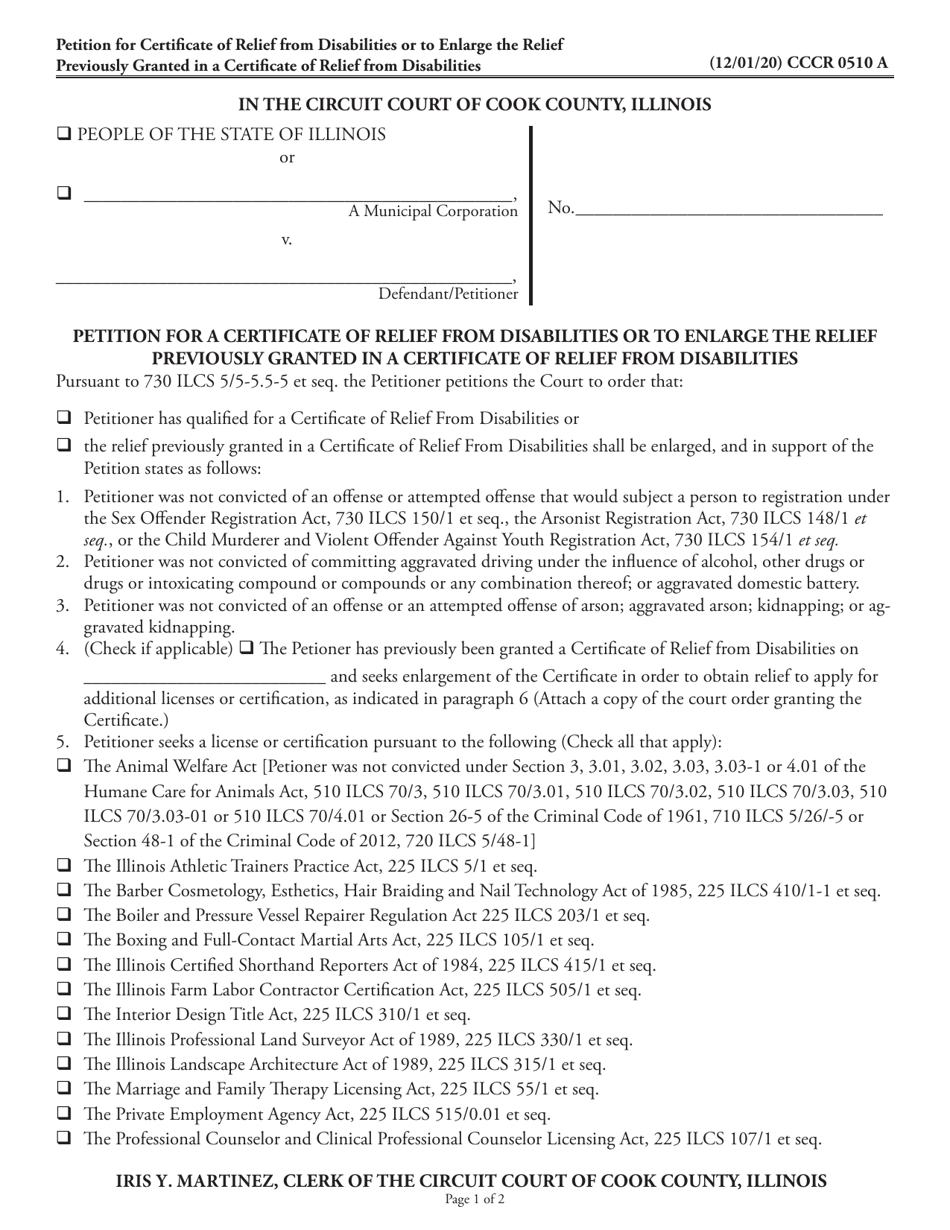 Form CCCR0510 Petition for a Certificate of Relief From Disabilities or to Enlarge the Relief Previously Granted in a Certificate of Relief From Disabilities - Cook County, Illinois, Page 1