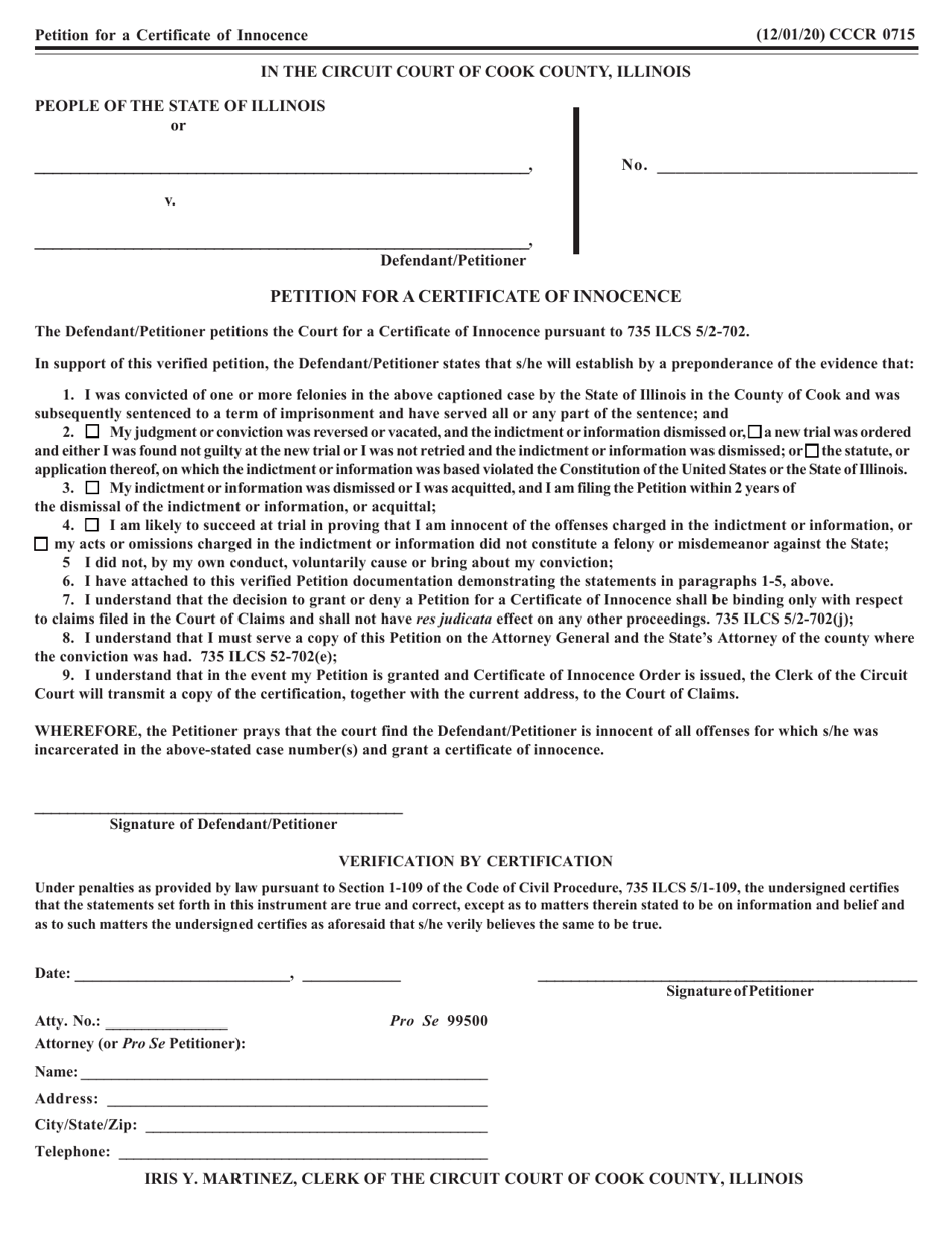 Form CCCR0715 Petition for a Certificate of Innocence - Cook County, Illinois, Page 1