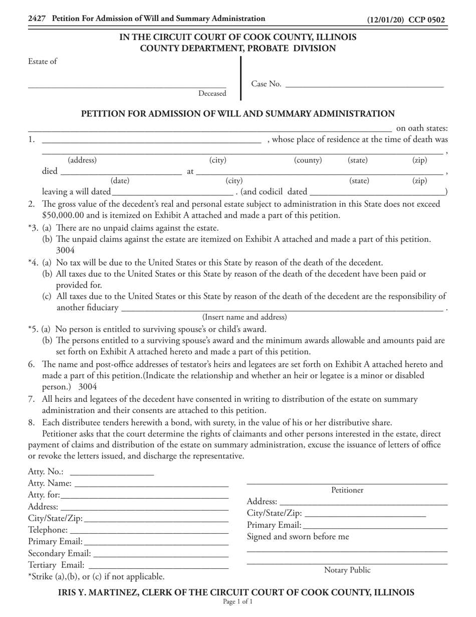 Form CCP0502 Petition for Admission of Will and Summary Administration - Cook County, Illinois, Page 1