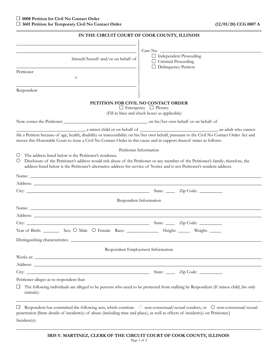 Form CCG0807 Petition for Civil No Contact Order - Cook County, Illinois, Page 1