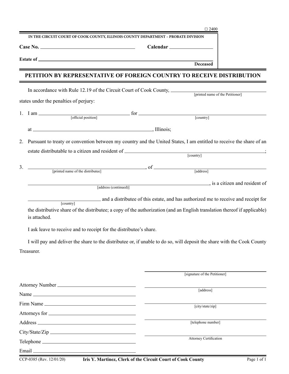 Form CCP0385 Petition by Representative of Foreign Country to Receive Distribution - Cook County, Illinois, Page 1