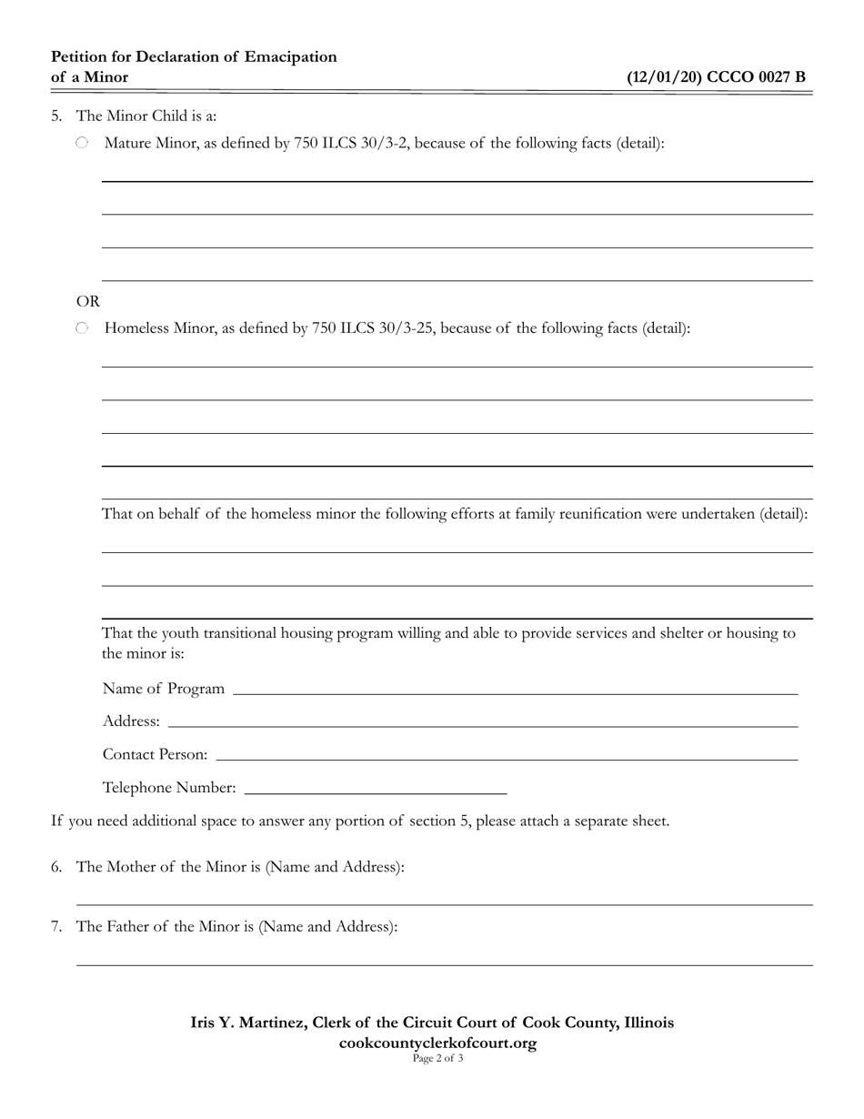 Form CCCO0027 Petition for Declaration of Emancipation of a Minor - Cook County, Illinois, Page 2