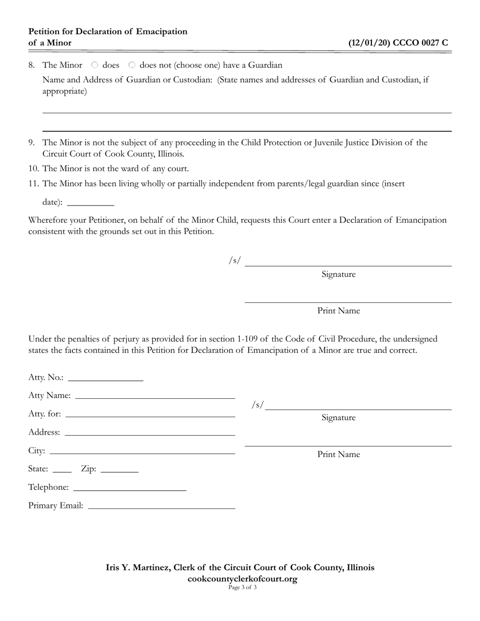 Form CCCO0027 Petition for Declaration of Emancipation of a Minor - Cook County, Illinois, Page 3