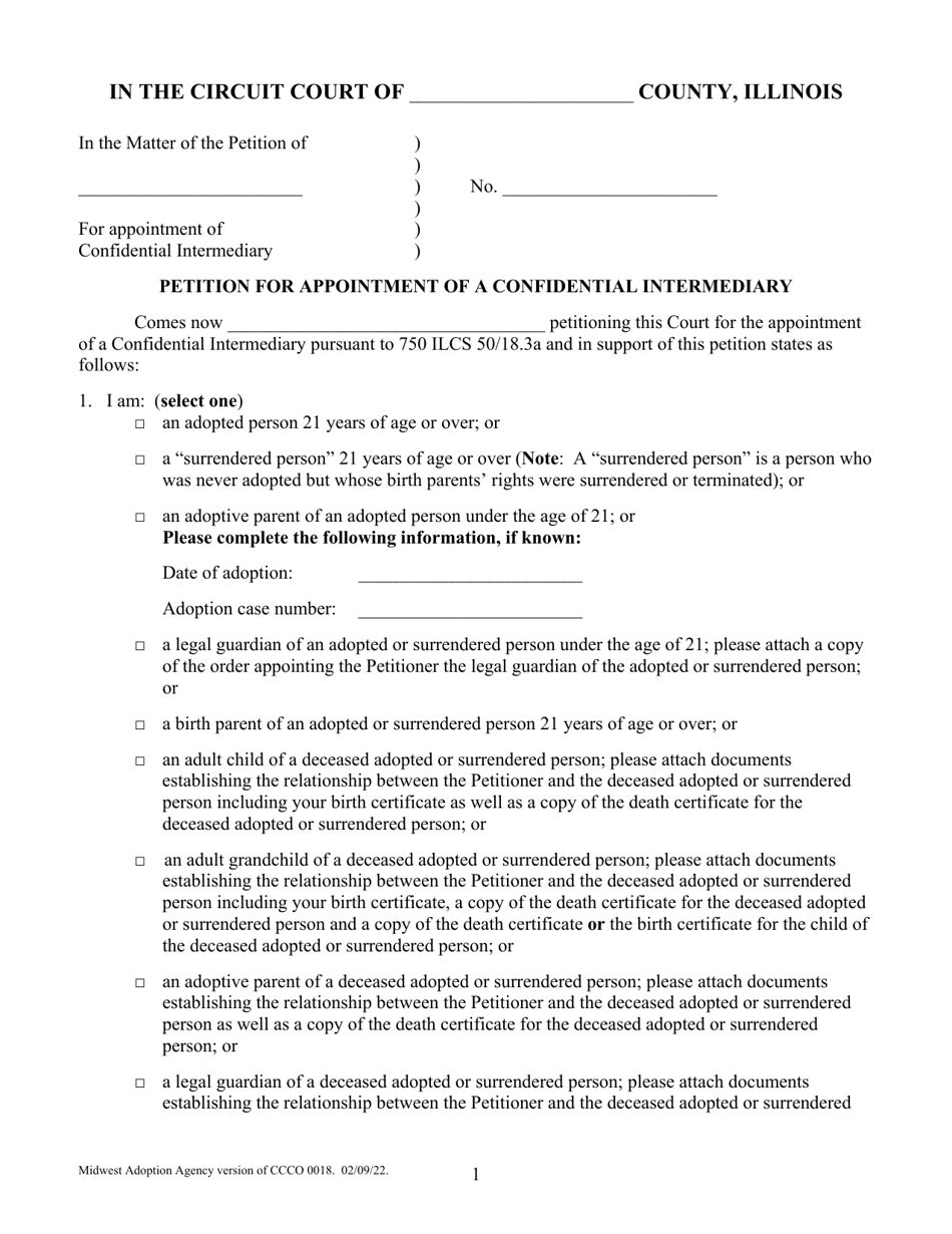 Form CCCO0018 Petition for Appointment of a Confidential Intermediary - Cook County, Illinois, Page 1