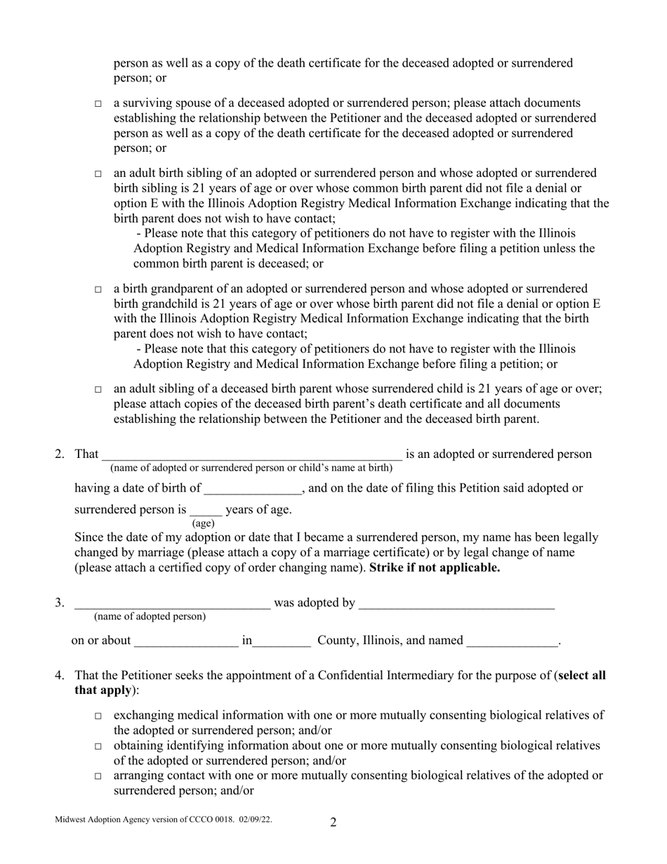 Form CCCO0018 Petition for Appointment of a Confidential Intermediary - Cook County, Illinois, Page 2