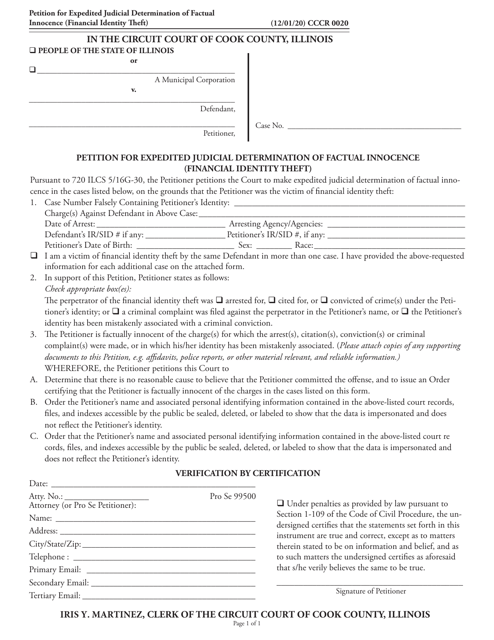 Form CCCR0020 Petition for Expedited Judicial Determination of Factual Innocence (Financial Identity Theft) - Cook County, Illinois