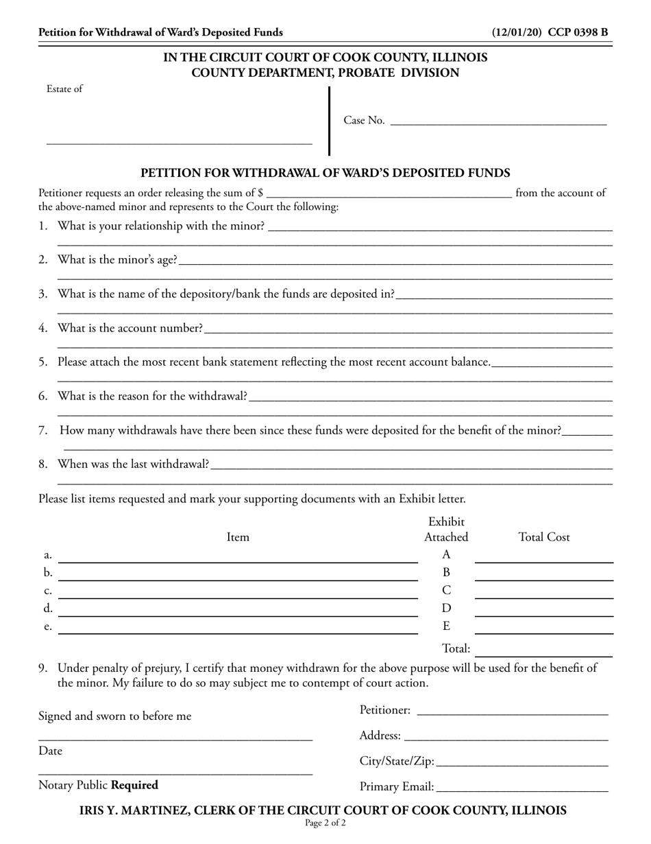 Form CCP0398 Petition for Withdrawal of Wards Deposited Funds - Cook County, Illinois, Page 2