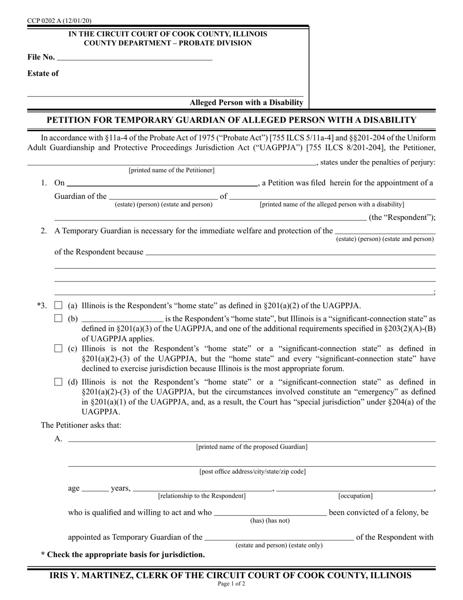Form CCP0202 Petition for Temporary Guardian of Alleged Person With a Disability - Cook County, Illinois, Page 1