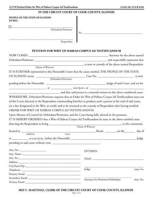 Form CCCR0101 Petition for Writ of Habeas Corpus Ad Testificandum - Cook County, Illinois