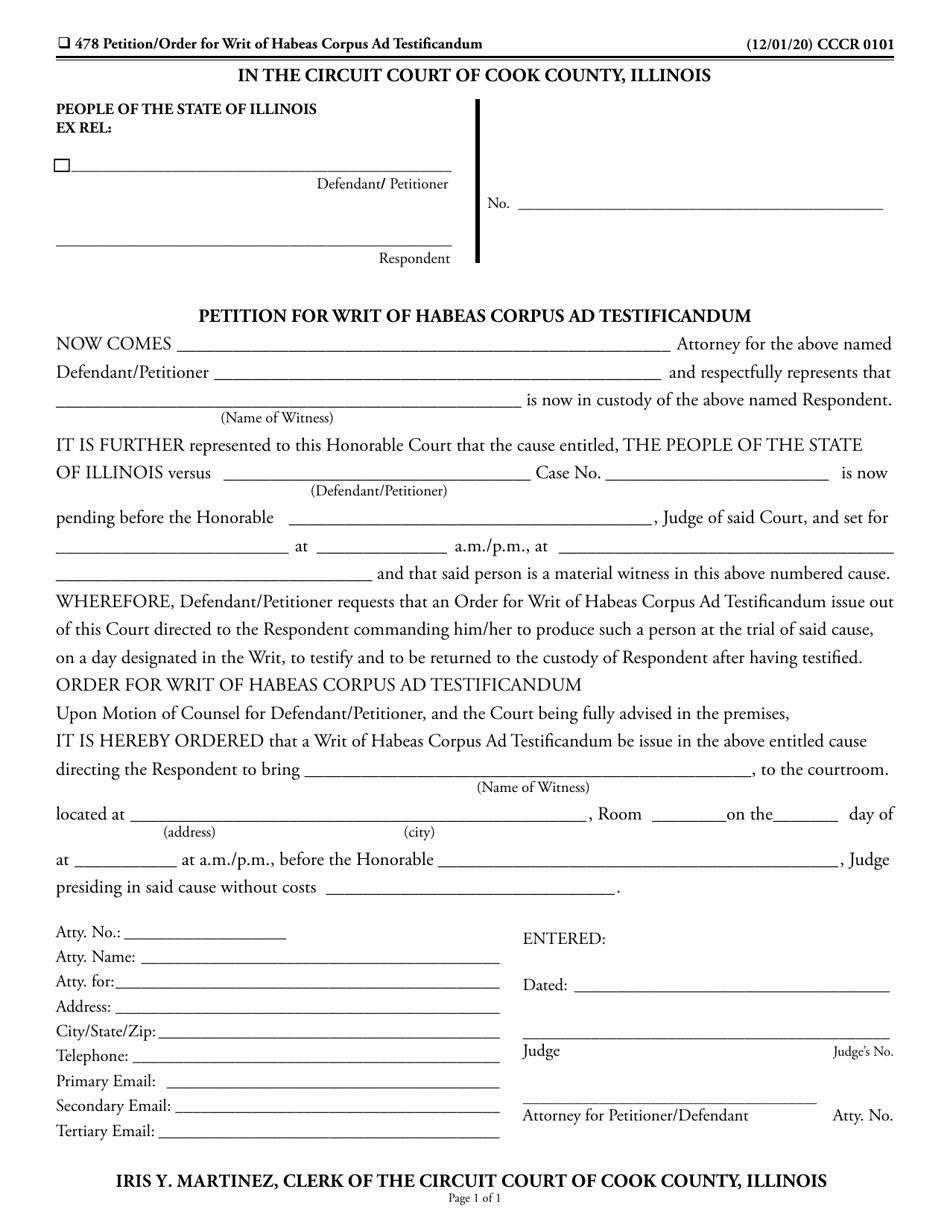 Form CCCR0101 Petition for Writ of Habeas Corpus Ad Testificandum - Cook County, Illinois, Page 1