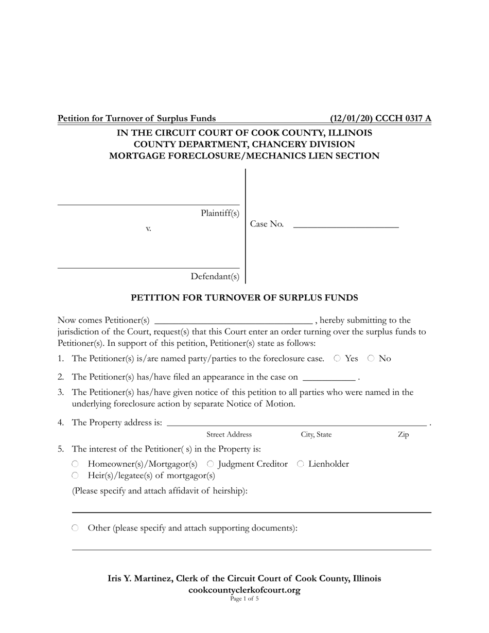 Form CCCH0317 Petition for Turnover of Surplus Funds - Cook County, Illinois, Page 1