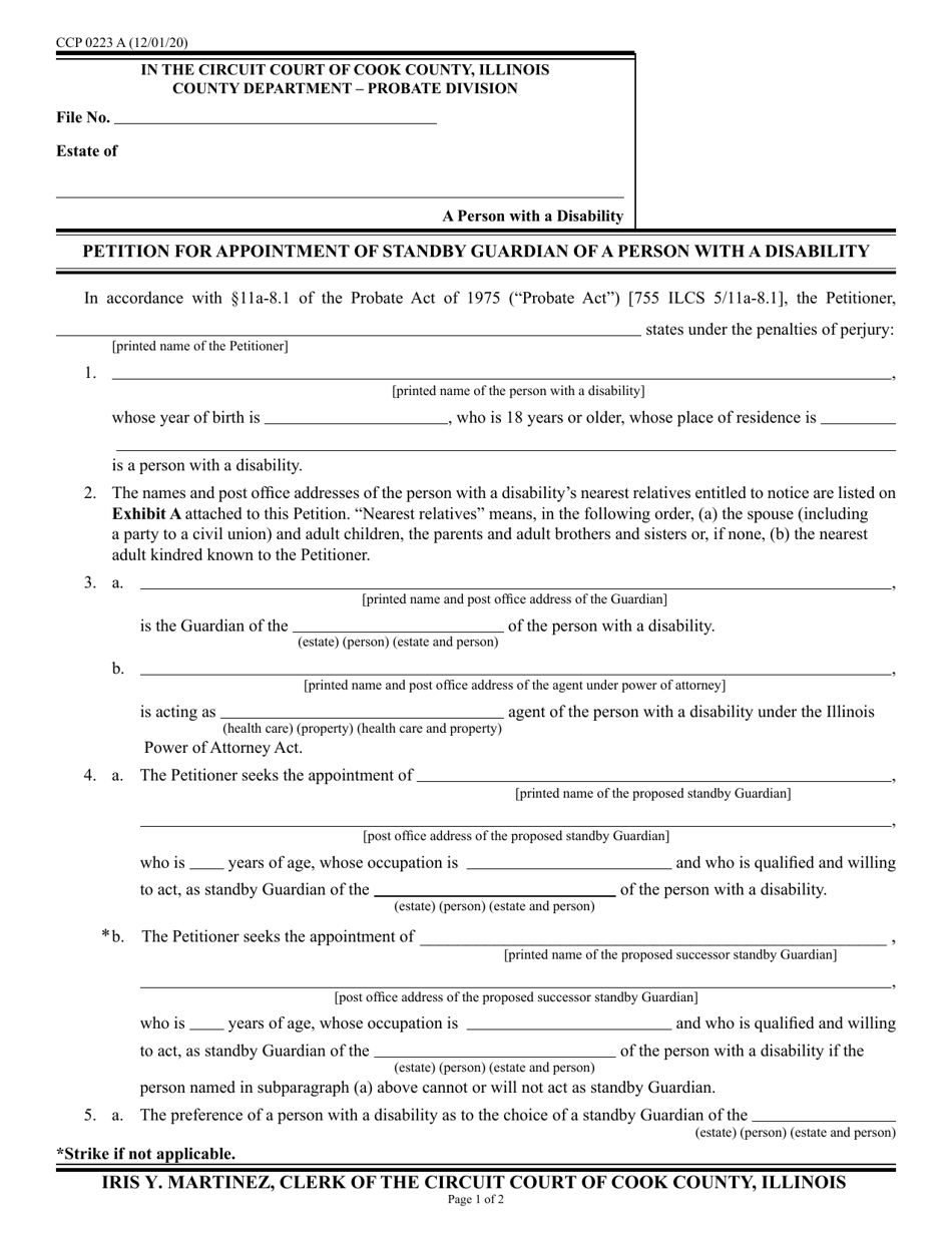 Form CCP0223 Petition for Appointment of Standby Guardian of a Person With a Disability - Cook County, Illinois, Page 1