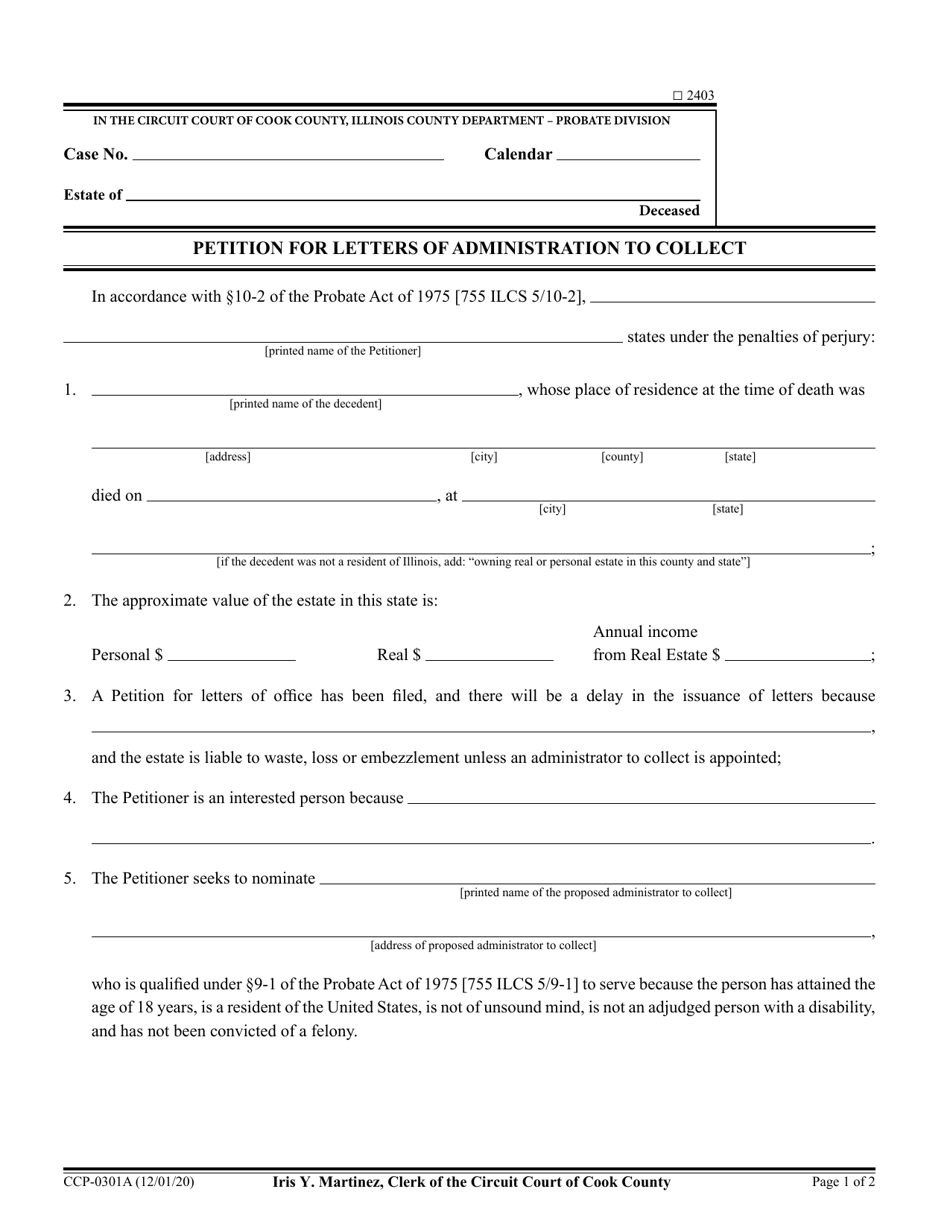 Form CCP0301 Petition for Letters of Administration to Collect - Cook County, Illinois, Page 1