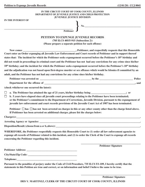 Form CCJ0041 Petition to Expunge Juvenile Records - Cook County, Illinois