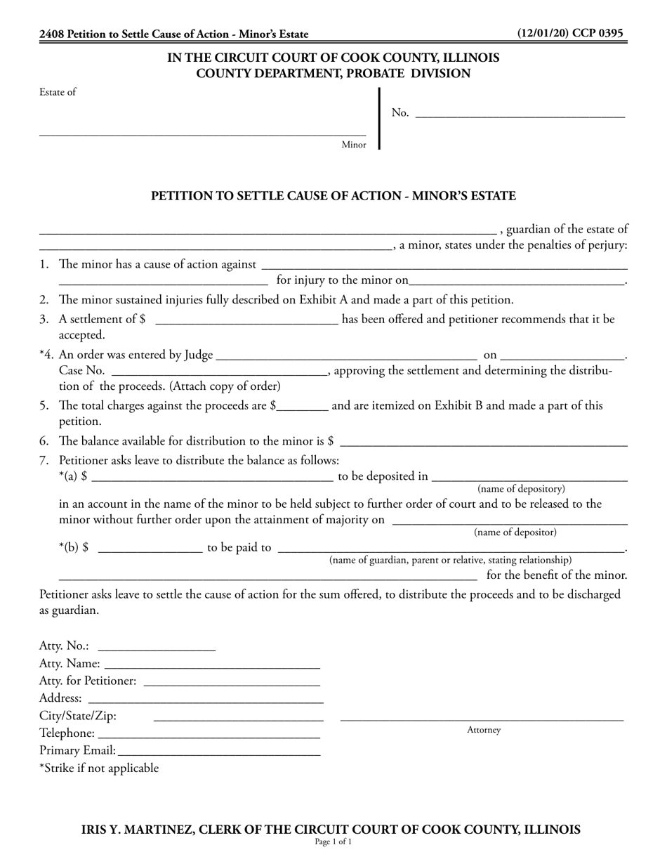Form CCP0395 Petition to Settle Cause of Action - Minors Estate - Cook County, Illinois, Page 1