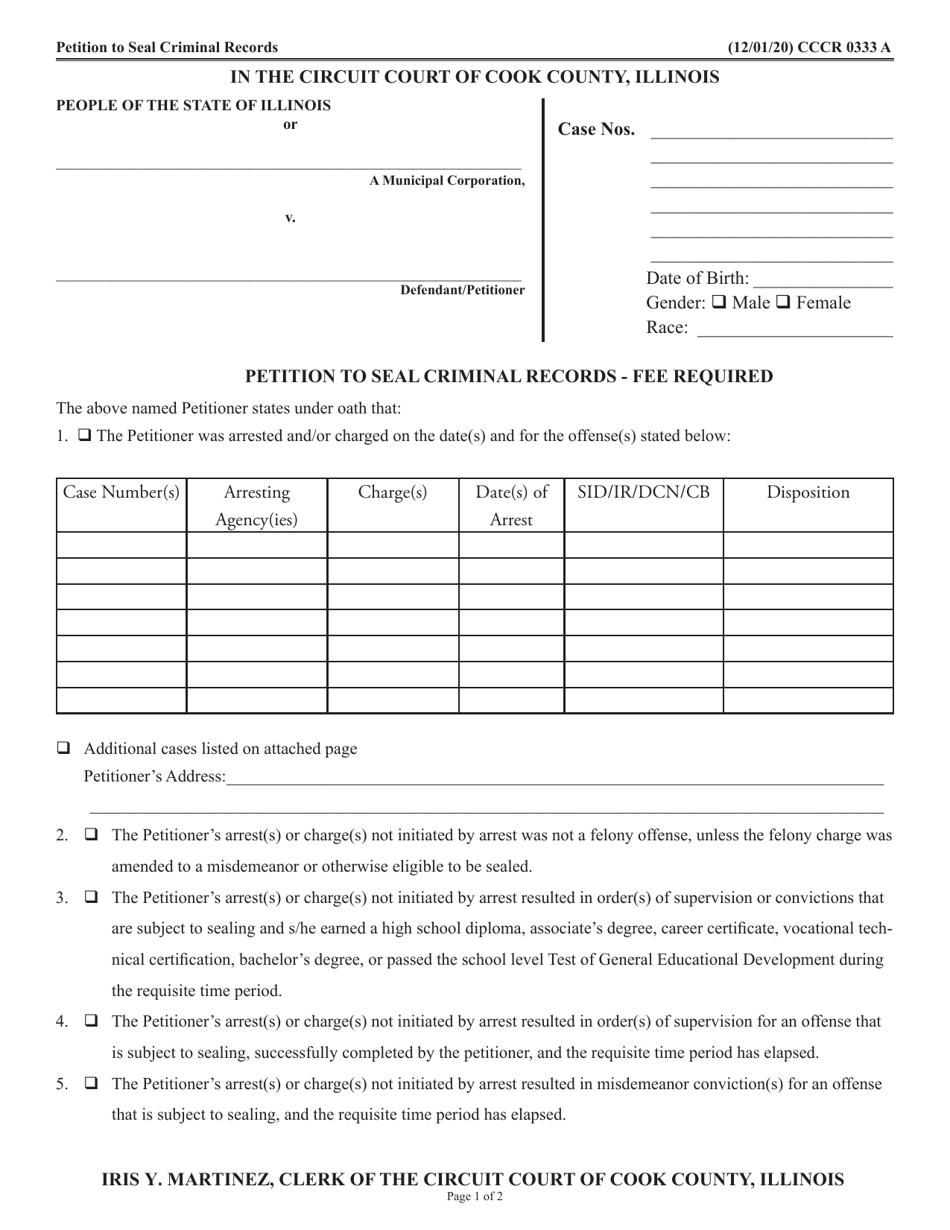 Form CCCR0333 Petition to Seal Criminal Records - Cook County, Illinois, Page 1