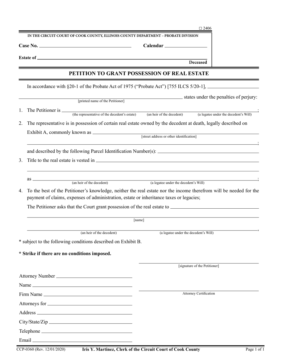 Form CCP0360 Petition to Grant Possession of Real Estate - Cook County, Illinois, Page 1