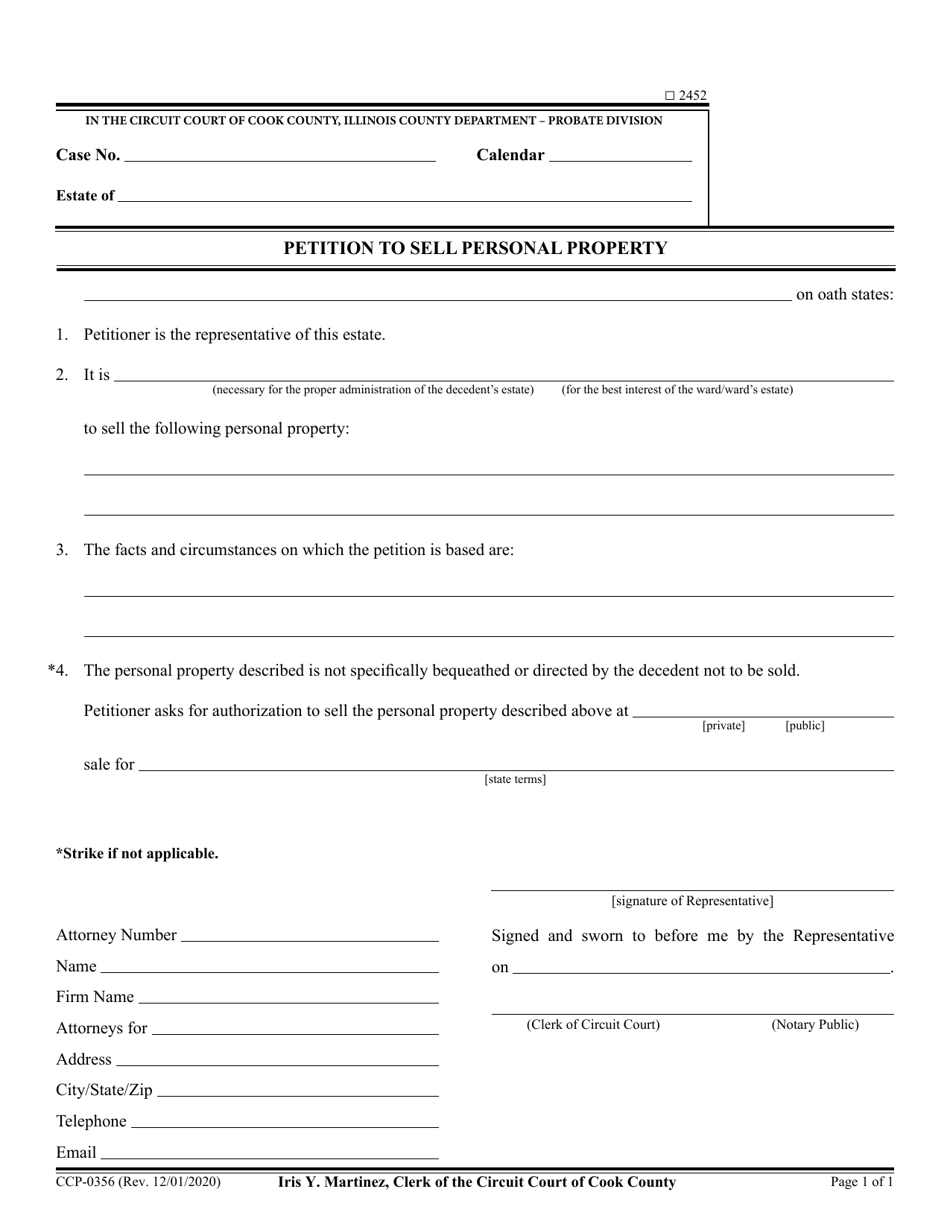 Form CCP0356 Petition to Sell Personal Property - Cook County, Illinois, Page 1