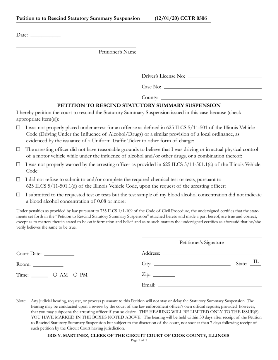 Form CCTR0506 Petition to Rescind Statutory Summary Suspension - Cook County, Illinois, Page 1