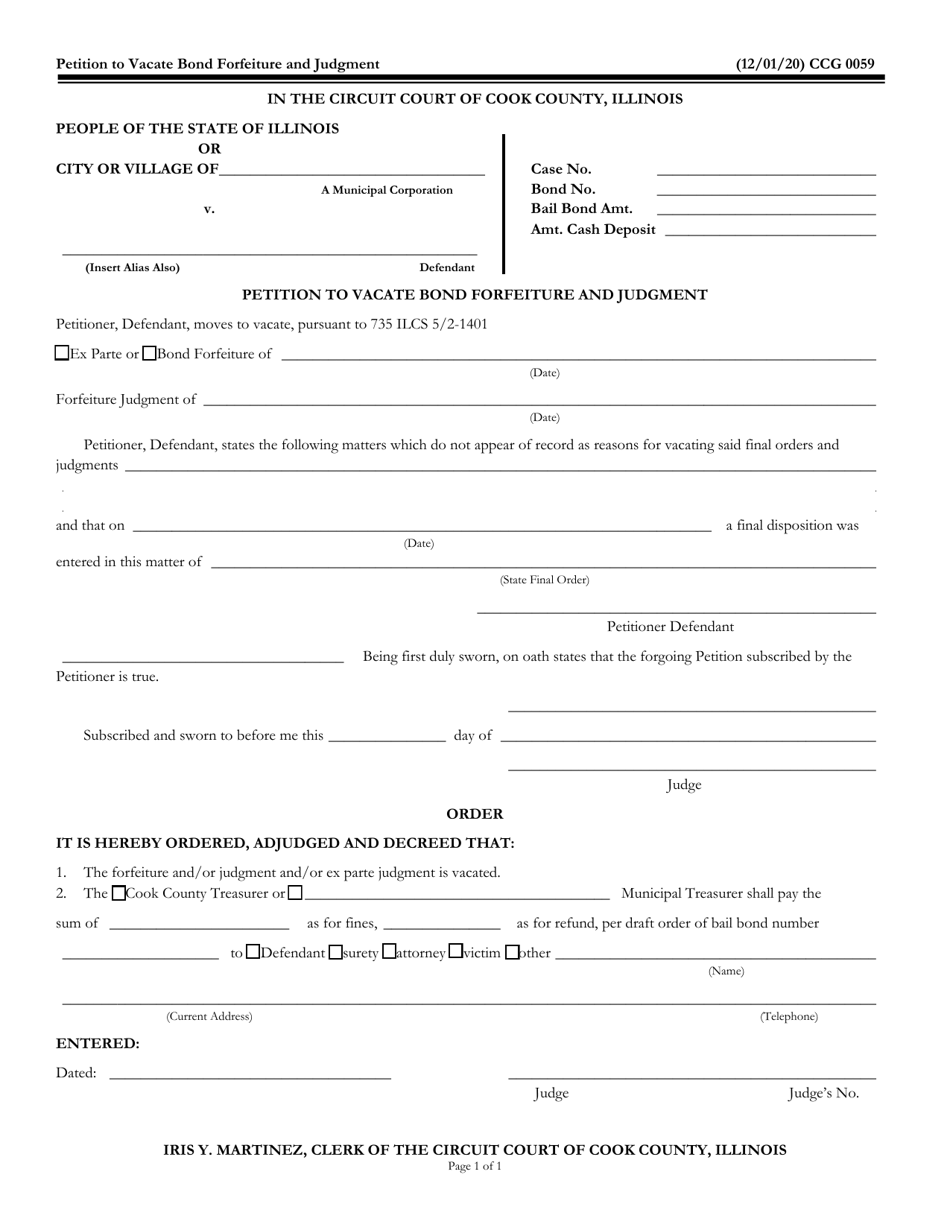 Form CCG0059 Petition to Vacate Bond Forfeiture and Judgment - Cook County, Illinois, Page 1