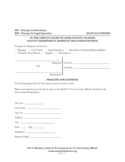 Form CCDR0003 Praecipe for Summons - Cook County, Illinois