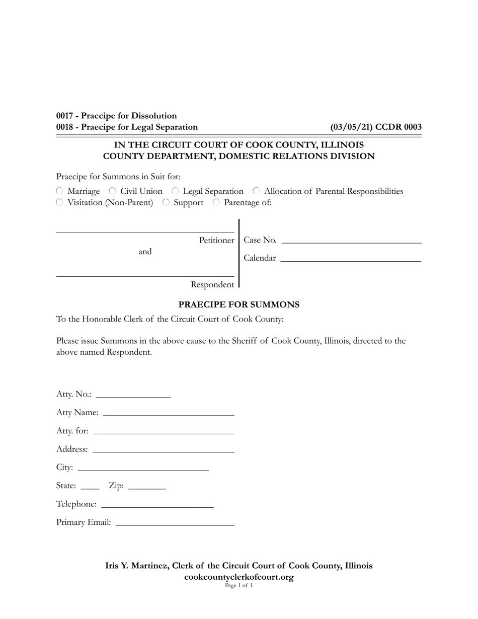 Form CCDR0003 Praecipe for Summons - Cook County, Illinois, Page 1