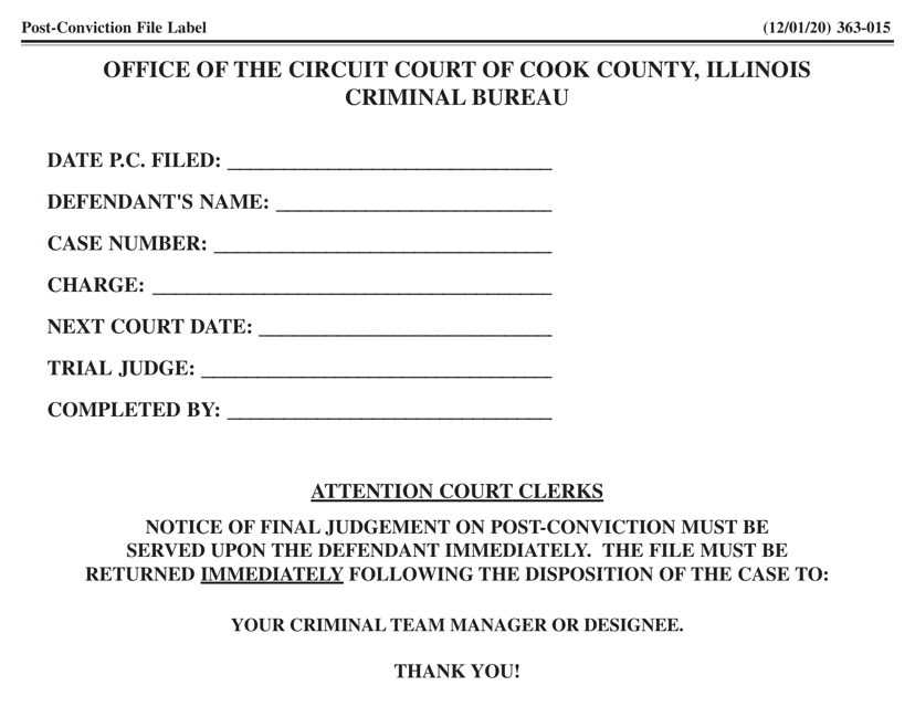 Form 363-015 Post-conviction File Label - Cook County, Illinois